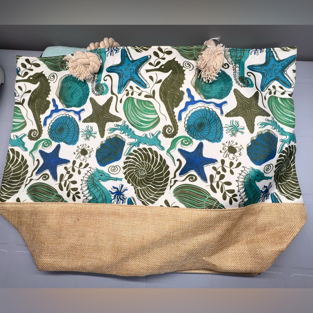 Seahorse and Starfish Print Tote Bag with Tan Base